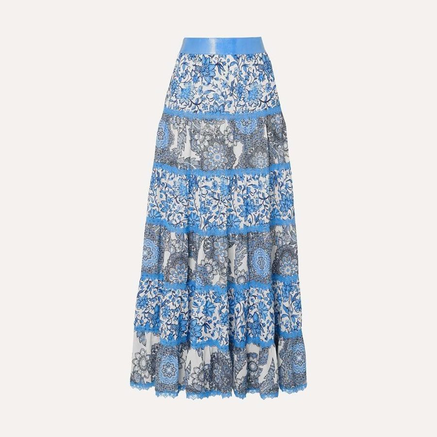 Alice + Olivia Satin Lace Floral Crepe de Chine Maxi Skirt US0 Zoom Boutique Store skirt Alice + Olivia Satin Lace Floral Crepe de Chine Skirt | Zoom Boutique