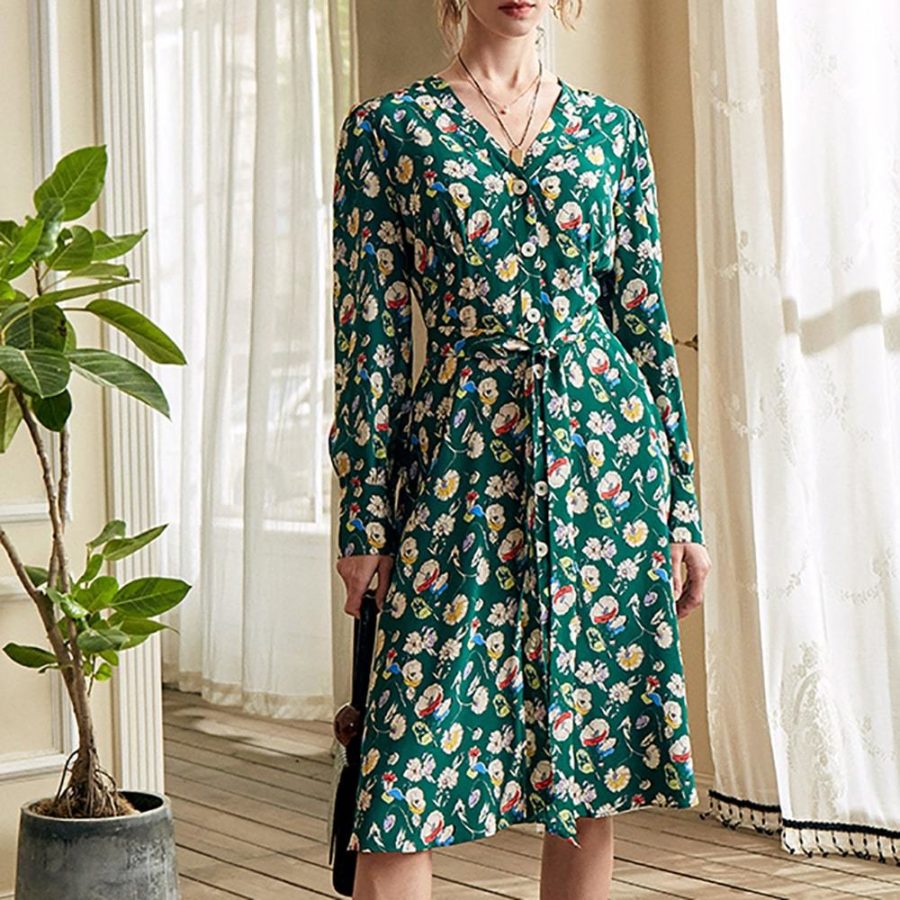 L.K.Bennett Christy Green Anemone Silk Long Sleeve Dress Zoom Boutique Store dress L.K.Bennett Christy Anemone Silk Long Sleeve Dress | Zoom Boutique