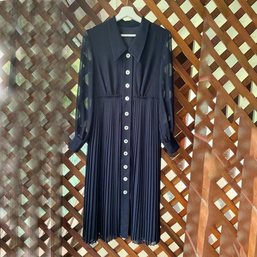 L.K.Bennett Fozette Navy Pleated Shirt Midi Dress RRP$415 - Zoom Boutique Store