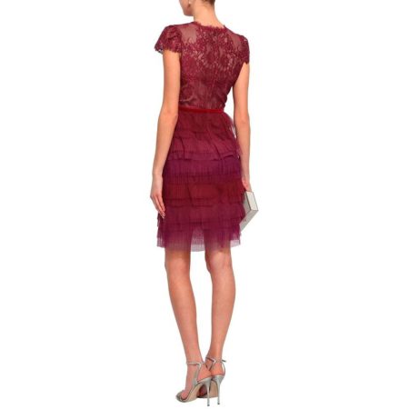 Marchesa Notte Tiered Chantilly Lace and Plisse Tulle Mini Dress Zoom Boutique Store dress Marchesa Notte Tiered Chantilly Lace Plisse Tulle Dress| Zoom Boutique