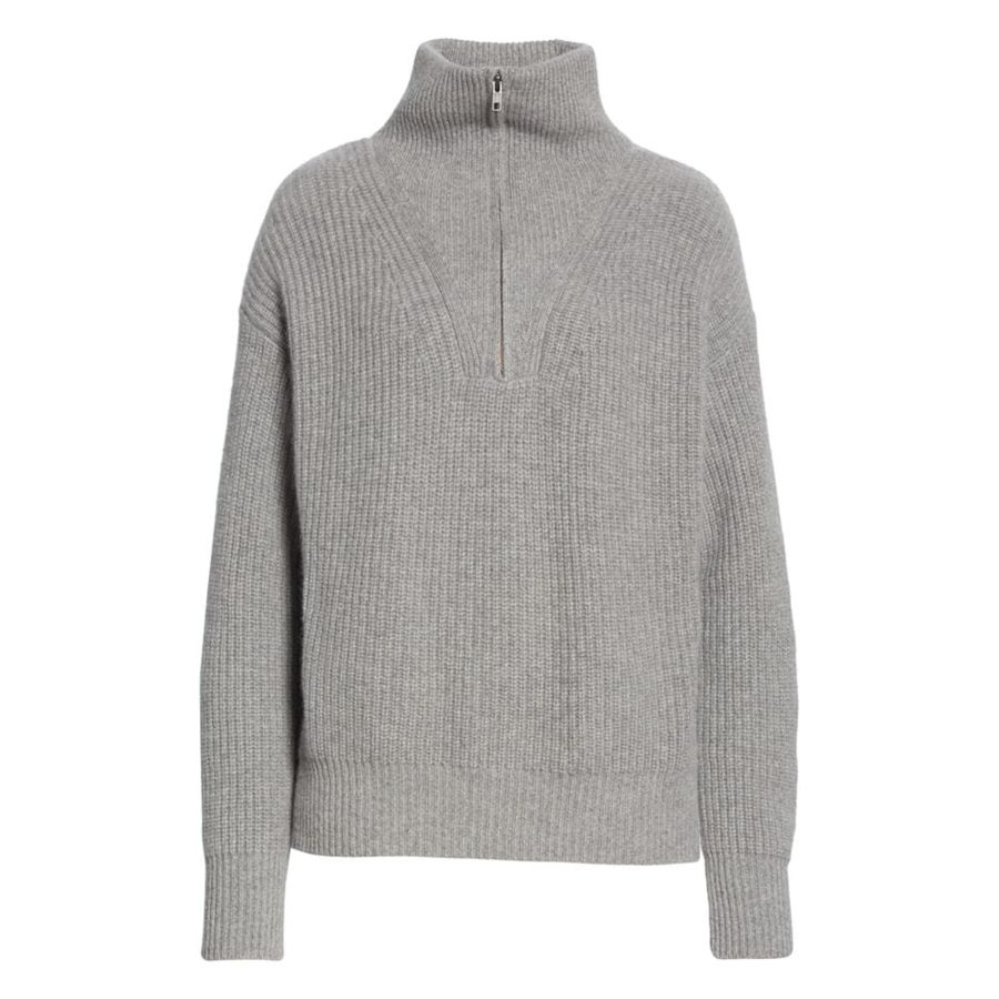 Nili Lotan Hester Ribbed Knit Half Zip Cashmere Sweater RRP$1320 XS / Grey Zoom Boutique Store sweater Nili Lotan Hester Ribbed Knit Half Zip Cashmere Sweater| Zoom Boutique