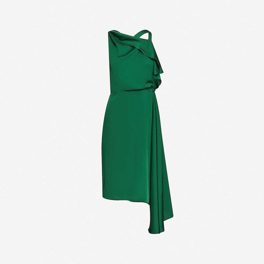 Reiss Aya Cascading Asymmetric Draped Overlay Satin Midi Dress UK6 / Green Zoom Boutique Store dress Reiss Aya Cascading Asymmetric Draped Satin Midi Dress | Zoom Boutique