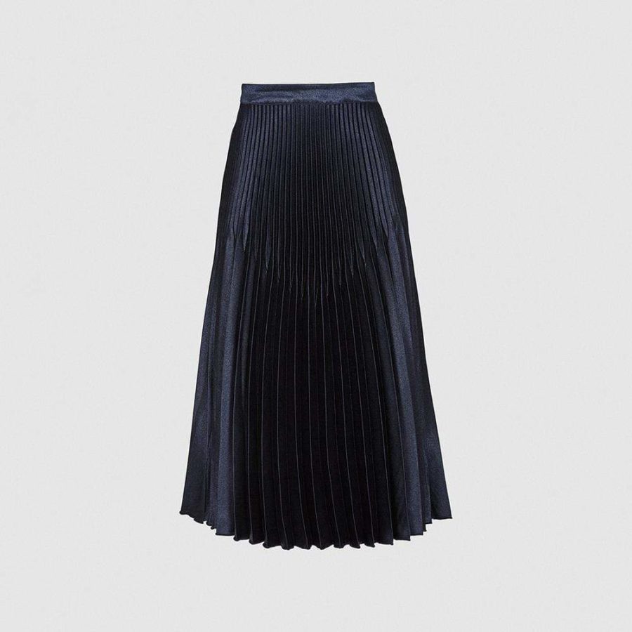 Reiss High Rise Pleated Midi Skirt Dorie Silver & Dora Navy RRP$410 Zoom Boutique Store
