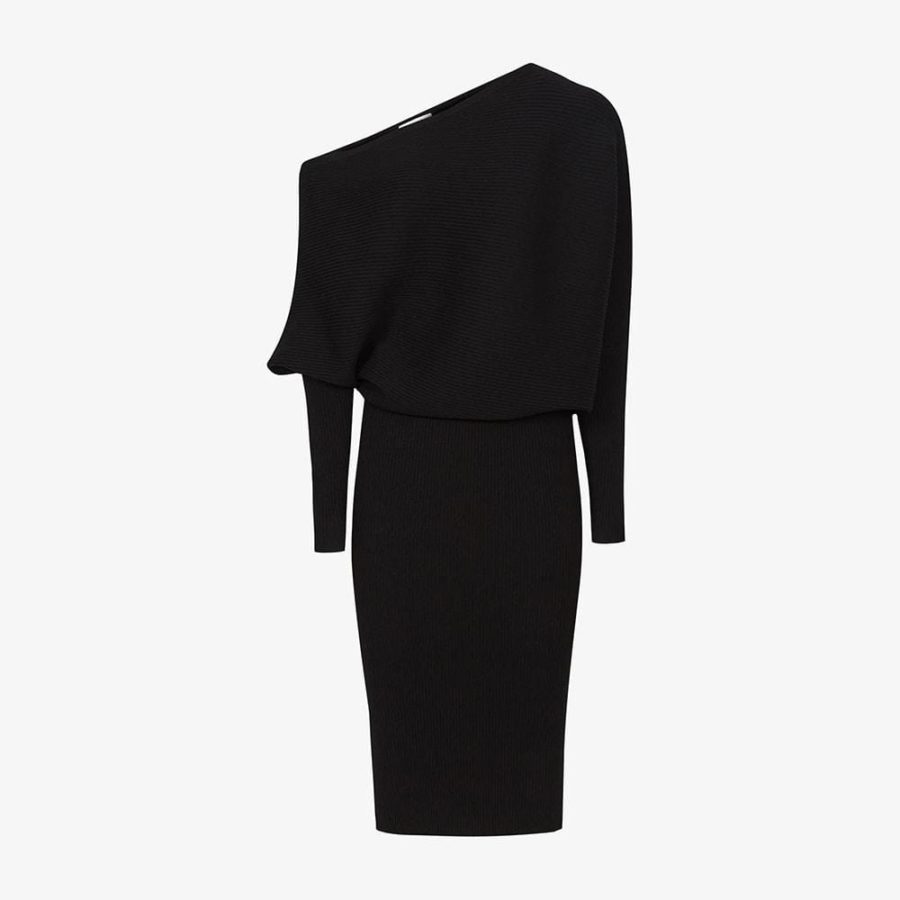 REISS Lara Off The Shoulder Draped Bardot Knitted Shift Dress RRP$345 XS / Black Zoom Boutique Store dress REISS Lara Off The Shoulder Bardot Knitted Shift Dress | Zoom Boutique