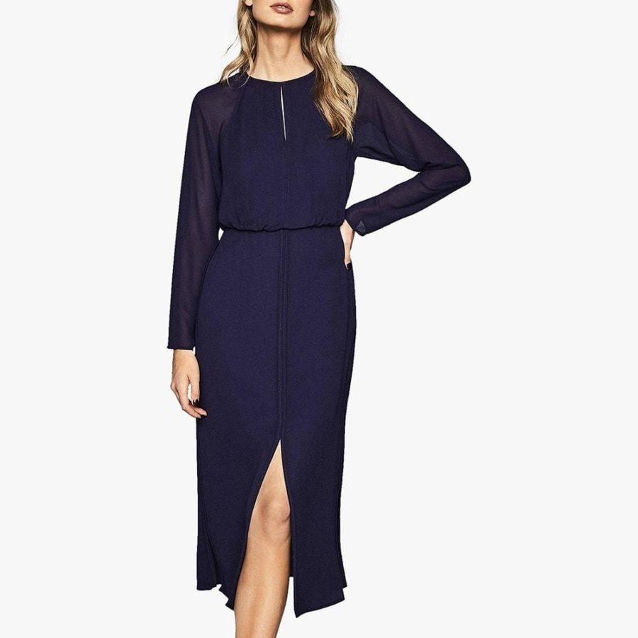 Reiss Mylee Keyhole Neck Semi Sheer Sleeves Crepe Midi Dress RRP$425 Zoom Boutique Store dress Reiss Mylee Keyhole Semi Sheer Sleeves Crepe Midi Dress| Zoom Boutique
