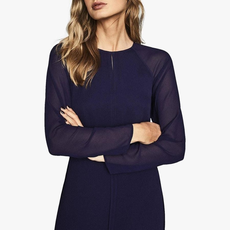 Reiss Mylee Keyhole Neck Semi Sheer Sleeves Crepe Midi Dress RRP$425 Zoom Boutique Store dress Reiss Mylee Keyhole Semi Sheer Sleeves Crepe Midi Dress| Zoom Boutique