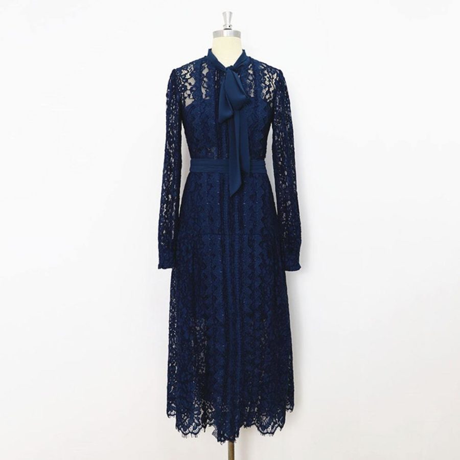 Self Portrait Corded Pussybow Lace Long Sleeves Midi Dress RRP$615 UK4 / Navy Blue Zoom Boutique Store dress Self Portrait Corded Pussybow Floral Lace Midi Dress | Zoom Boutique