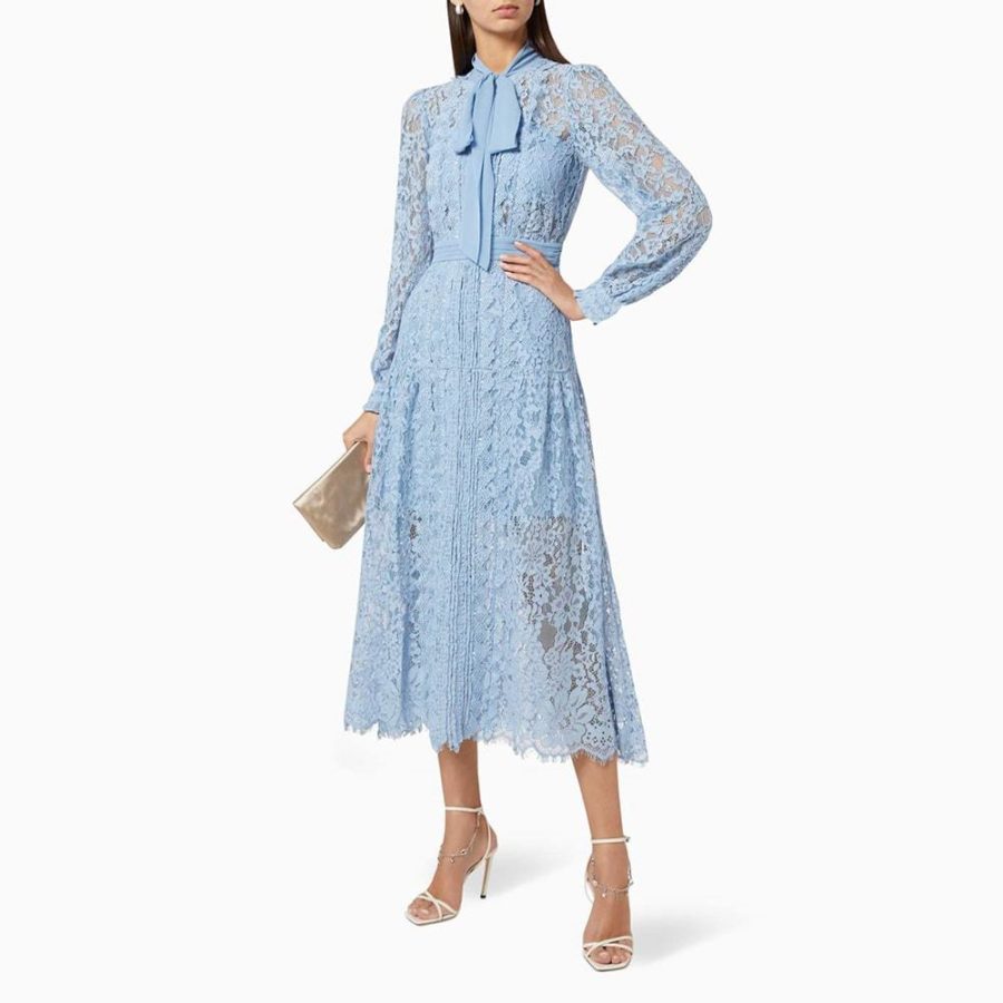 Self Portrait Corded Pussybow Lace Long Sleeves Midi Dress RRP$615 Zoom Boutique Store dress Self Portrait Corded Pussybow Floral Lace Midi Dress | Zoom Boutique