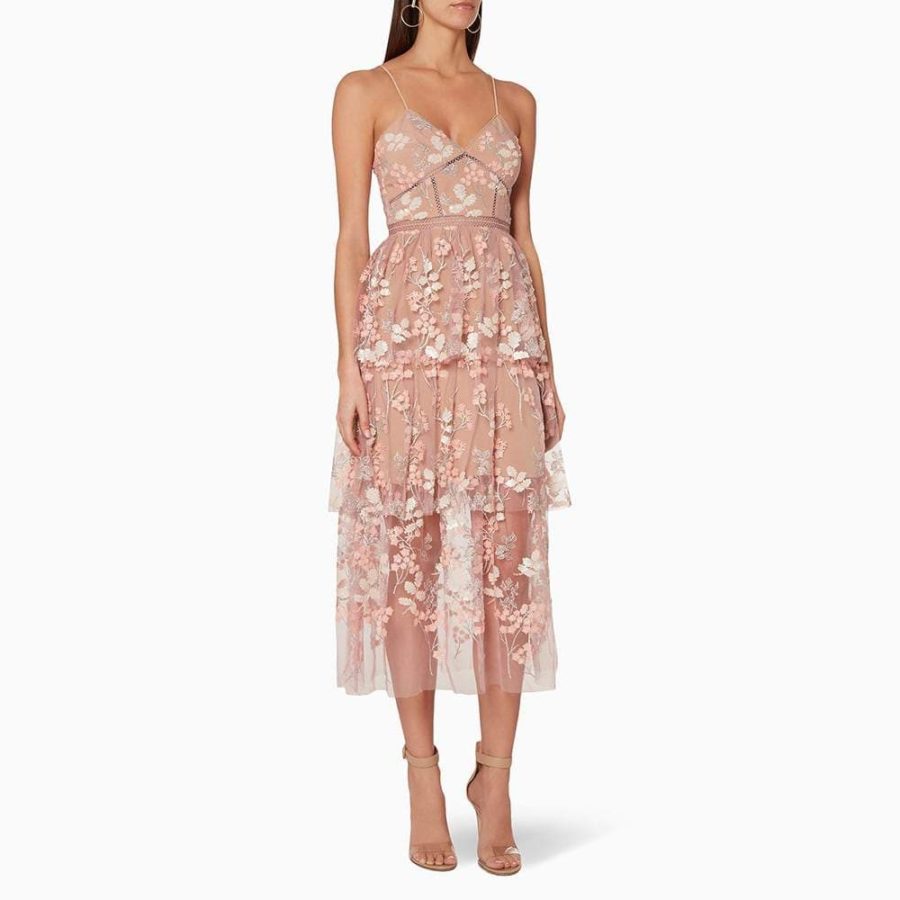 Zoom Boutique Self Portrait Floral Mesh Embellished Tulle Tiered Midi Dress