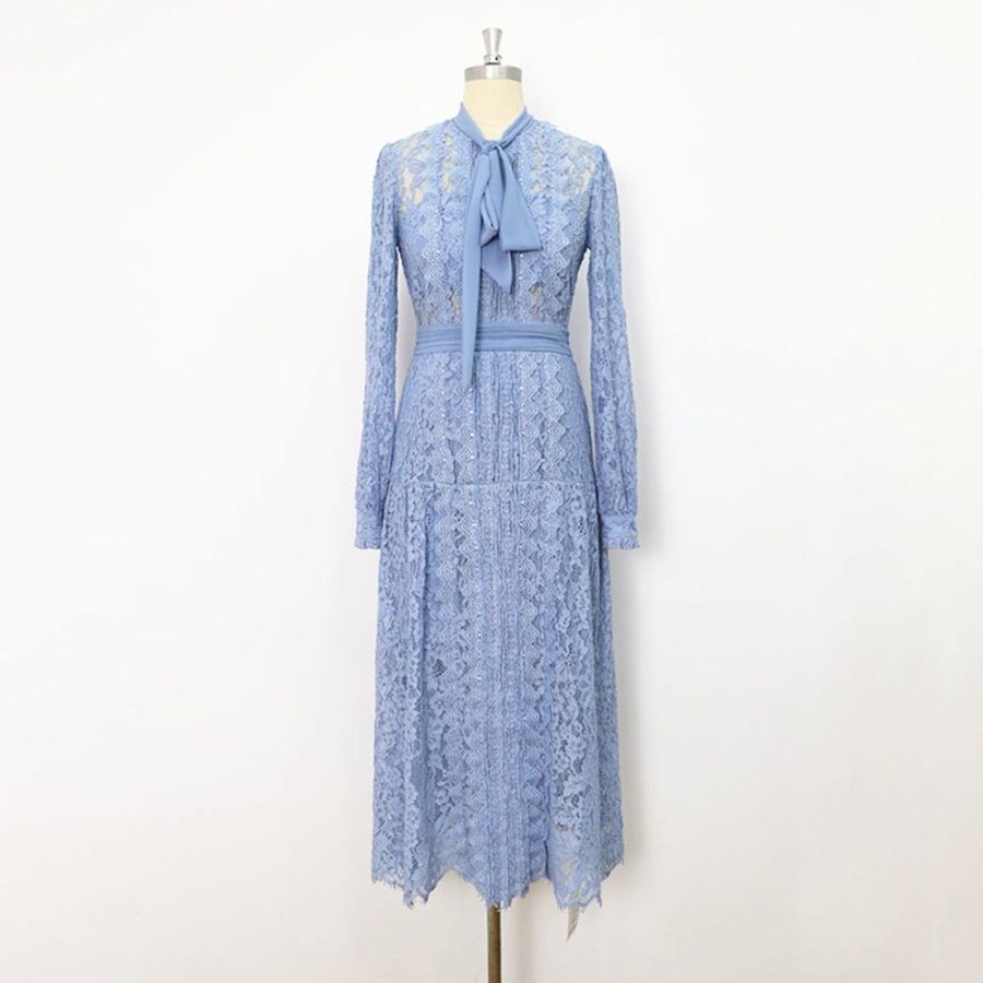 Self Portrait Corded Pussybow Lace Long Sleeves Midi Dress RRP$615 UK4 / Pale Blue Zoom Boutique Store dress Self Portrait Corded Pussybow Floral Lace Midi Dress | Zoom Boutique