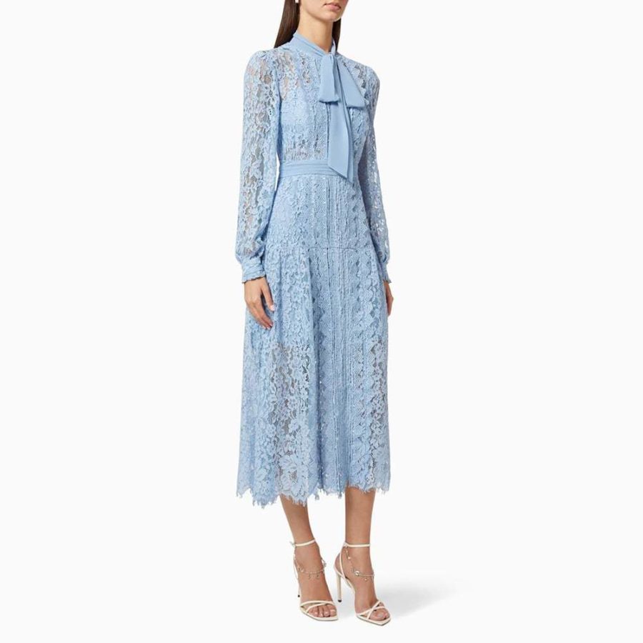 Self Portrait Corded Pussybow Lace Long Sleeves Midi Dress RRP$615 Zoom Boutique Store dress Self Portrait Corded Pussybow Floral Lace Midi Dress | Zoom Boutique