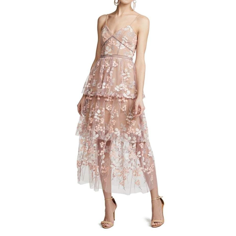 Self Portrait Floral Mesh Embellished Tulle Tiered Midi Dress RRP$485 Zoom Boutique Store dress Self Portrait Mesh Embellished Tulle Tiered Midi Dress | Zoom Boutique