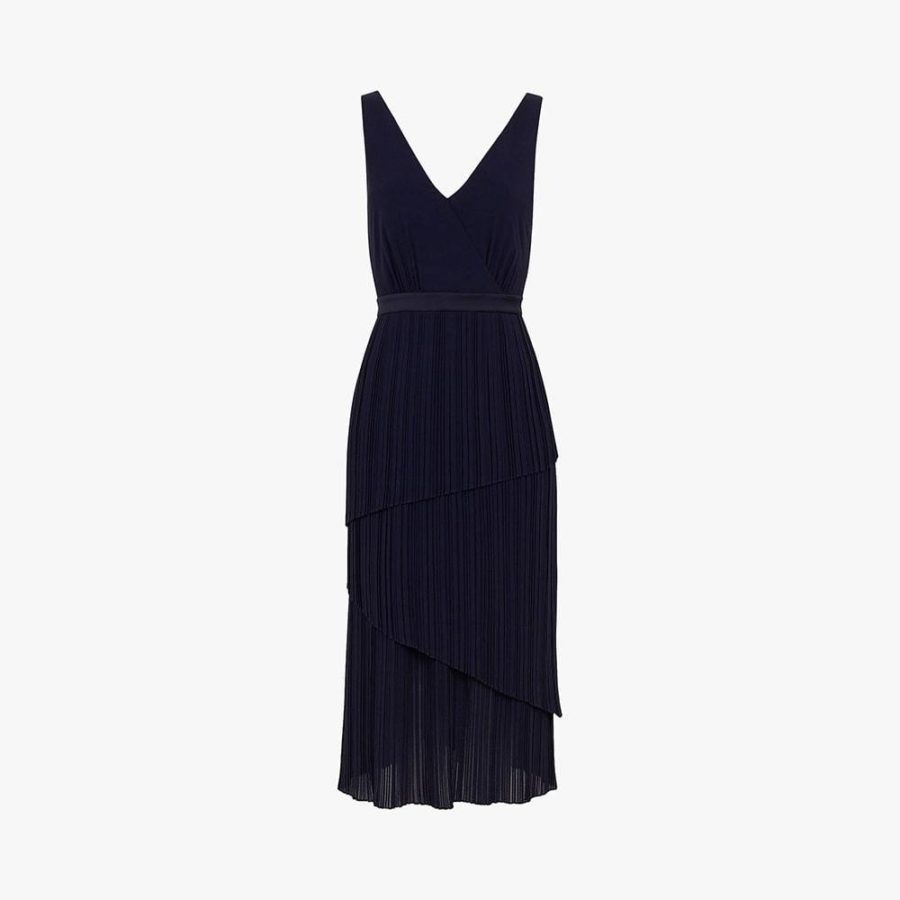 Ted Baker Ionaa Melodi Pleated Tired V Neck Midi Dress 1 / Navy Zoom Boutique Store dress Ted Baker Ionaa Melodi Pleated Tired V Neck Midi Dress | Zoom Boutique