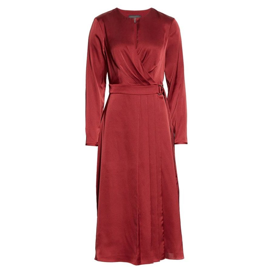 Ted Baker Neenha Pleat Detail Satin Midi Wrap Dress 0 / Red Zoom Boutique Store dress Ted Baker Neenha Pleat Detail Satin Midi Wrap Dress | Zoom Boutique