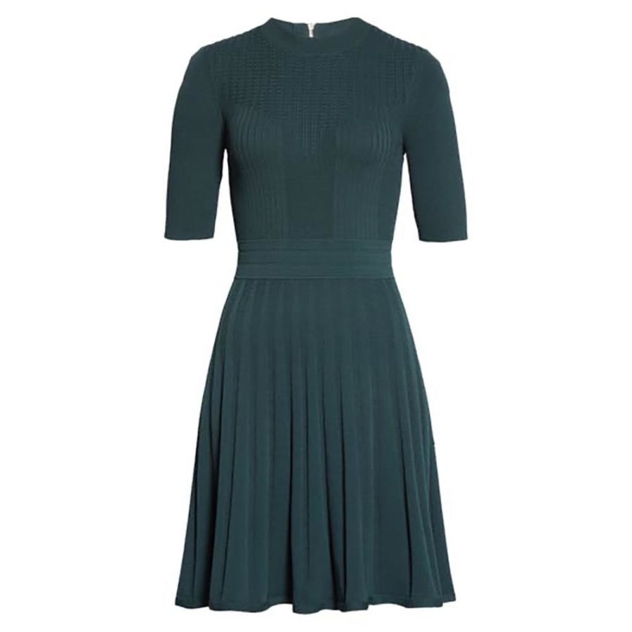 Ted Baker Olivinn Mix Stitch Fit & Flare Sweater Dress RRP$259 0 / Green Zoom Boutique Store dress Ted Baker Olivinn Mix Stitch Fit & Flare Sweater Dress | Zoom Boutique