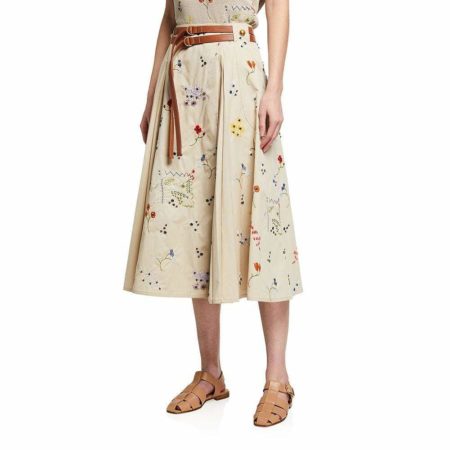 Tory Burch Belted Floral Embellished Cotton Twill Midi Skirt