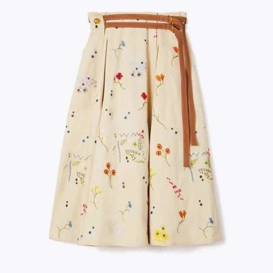 Tory Burch Belted Floral Embellished Cotton Twill Midi Skirt Zoom Boutique Store skirt Tory Burch Belted Embellished Cotton Twill Midi Skirt | Zoom Boutique