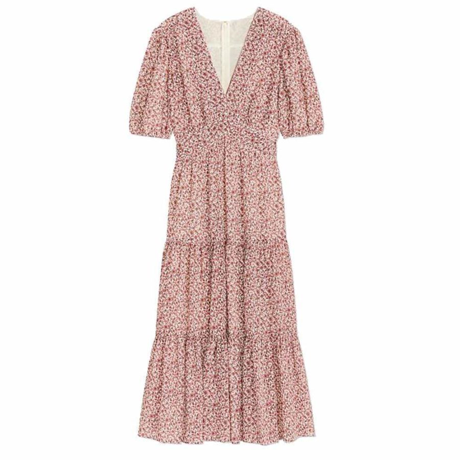 Tory Burch Floral V Neck Flared Midi Dress RRP$673 0 / Red Zoom Boutique Store dress Tory Burch Floral V Neck Flared Midi Dress | Zoom Boutique