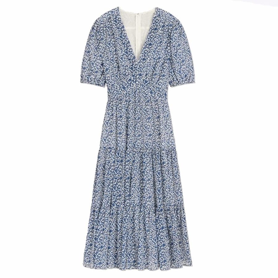 Tory Burch Floral V Neck Flared Midi Dress RRP$673 0 / Blue Zoom Boutique Store dress Tory Burch Floral V Neck Flared Midi Dress | Zoom Boutique