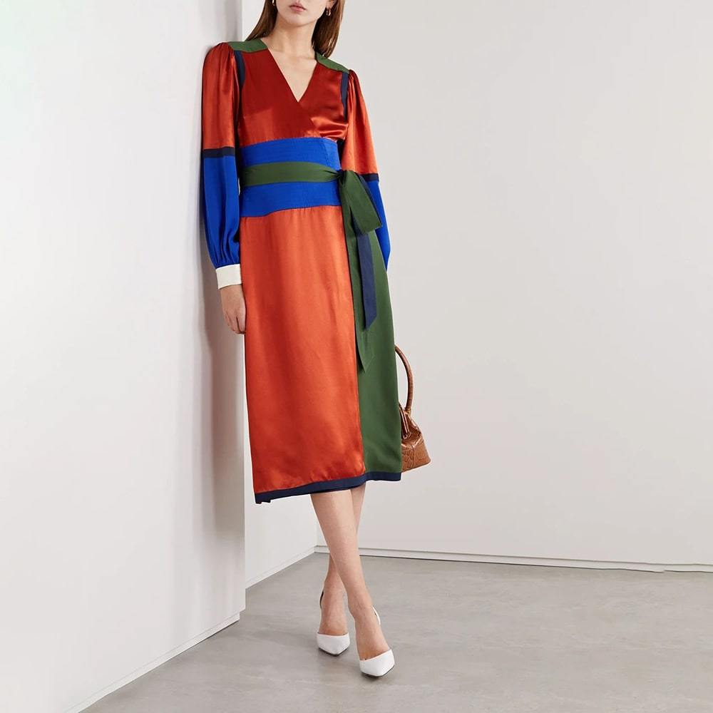 Tory Burch Kola Colorblock Silk Blend Satin Crepe Wrap Dress | Buy 100%  Best Quality Boutique