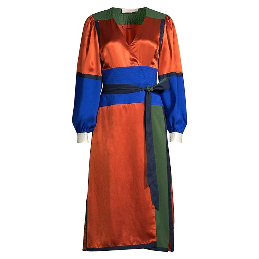 Tory Burch Kola Colorblock Silk Blend Satin Crepe Wrap Dress US00 Zoom Boutique Store dress Tory Burch Kola Colorblock Silk Satin Crepe Wrap Dress | Zoom Boutique