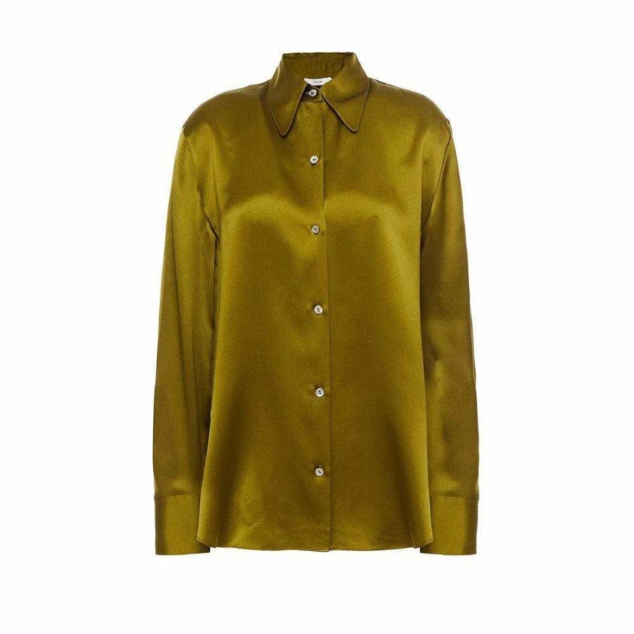 Vince Shaped Point Collar Silk Satin Blouse Top Shirt XS/P / Army Green Zoom Boutique Store shirt Vince Shaped Point Collar Silk Satin Blouse Top Shirt | Zoom Boutique