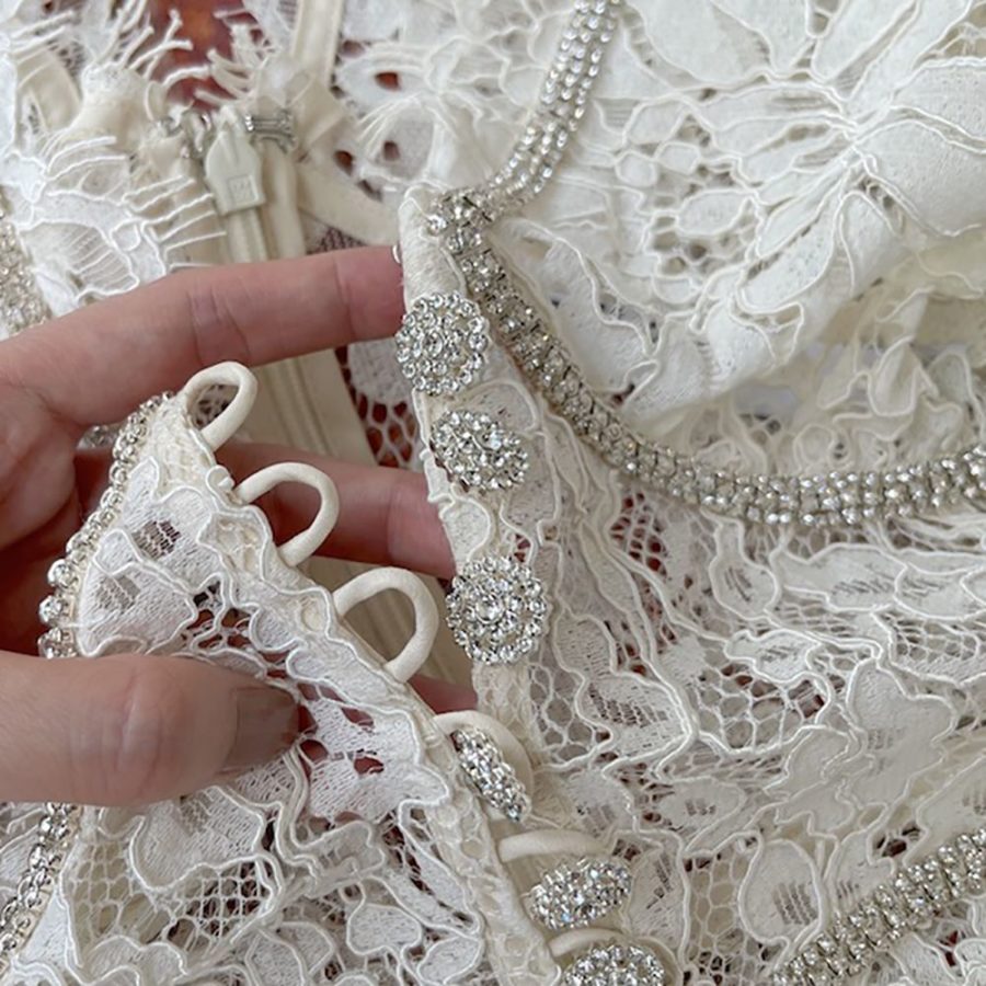 SELF PORTRAIT Camellia crystal embellished cotton blend corded lace midi dress 12 result