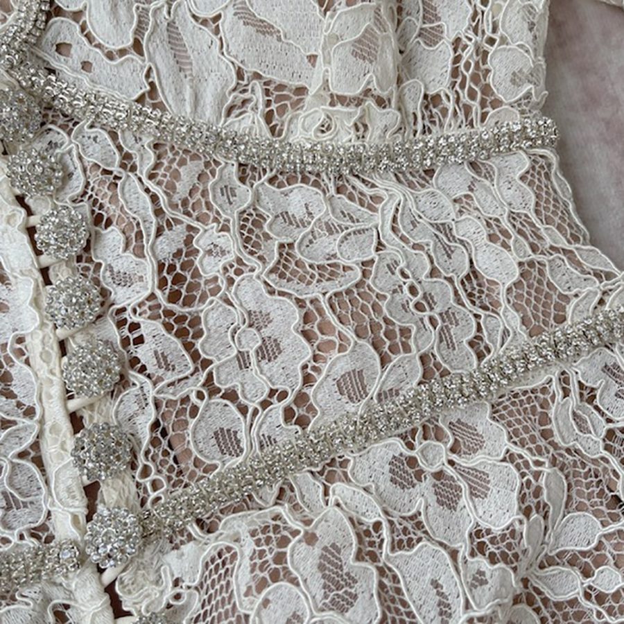 SELF PORTRAIT Camellia crystal embellished cotton blend corded lace midi dress 7 result