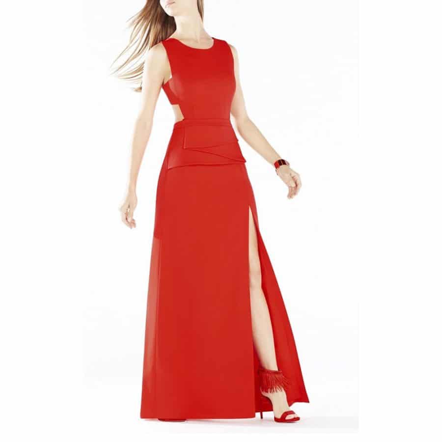 BCBG Maxazria Kiara Red Sleeveless Peplum Thigh Split Maxi Dress 14 result