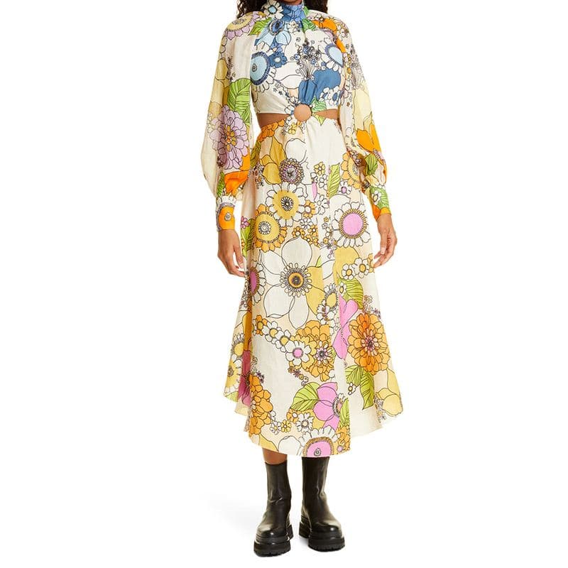 Alemais Farrah Cutout Mock Neck Linen Midi Dress result