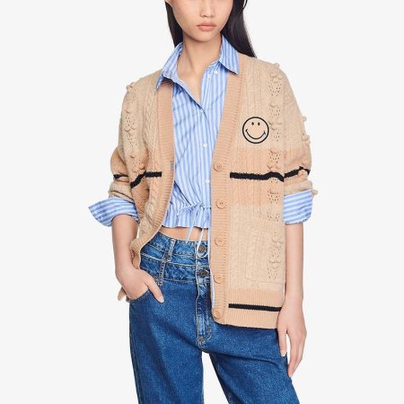 SANDRO Simon smiley face embroidered wool cable cardigan 3 result