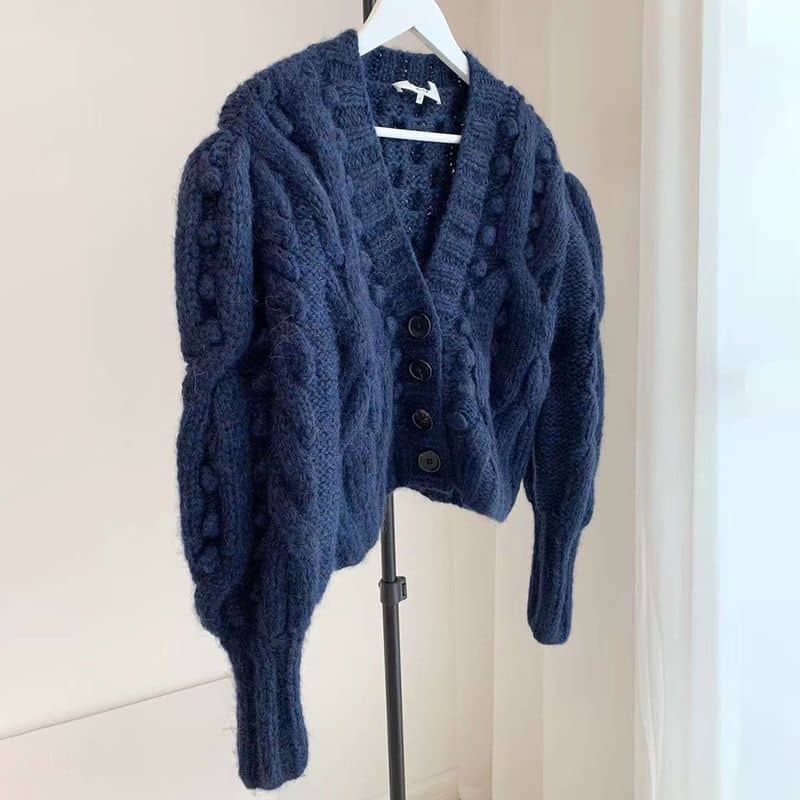 Sea Caden Puff Sleeve Cable Wool Cardigan navy 9 result