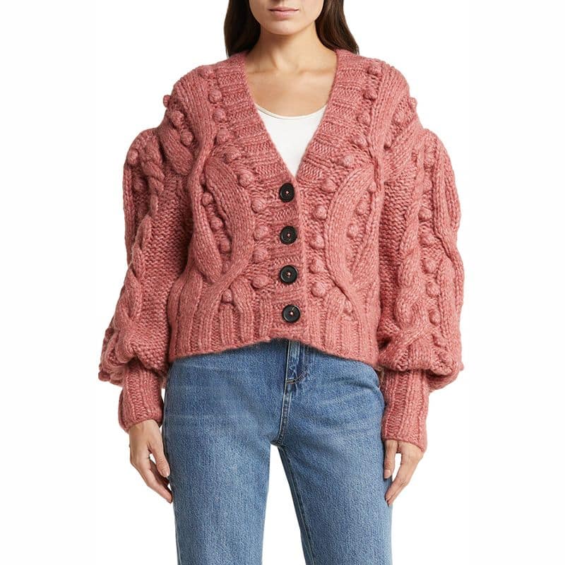 Sea Caden Puff Sleeve Cable Wool Cardigan rose 4 result