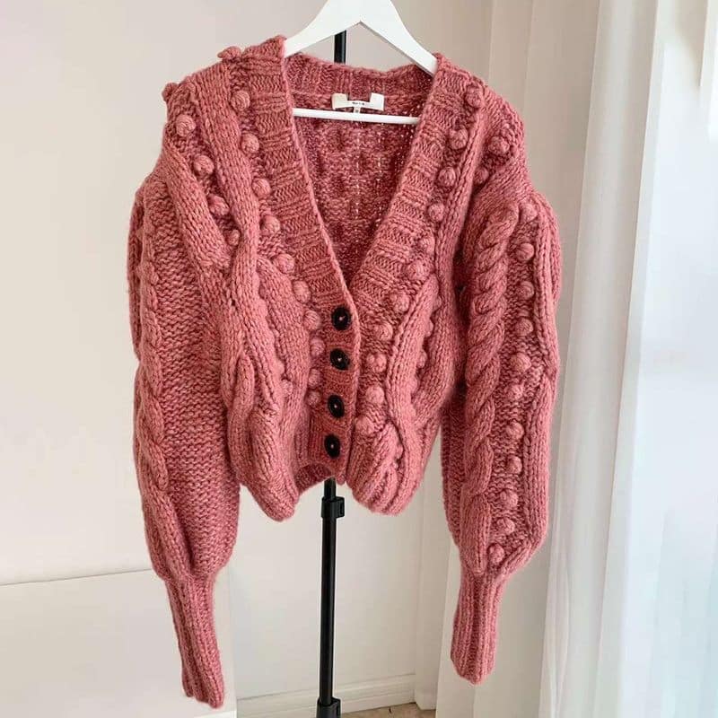 Sea Caden Puff Sleeve Cable Wool Cardigan rose 9 result
