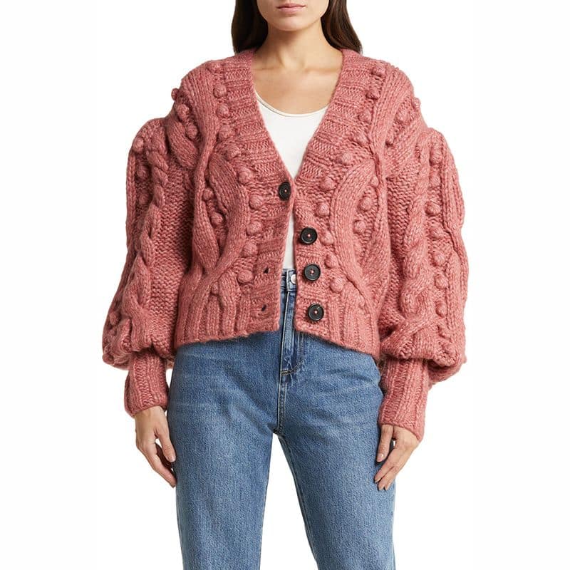 Sea Caden Puff Sleeve Cable Wool Cardigan rose result