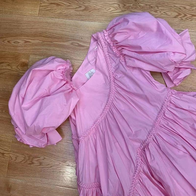 AJE Casabianca Braided Asymmetric Puff Sleeve Dress pink 12 result 1