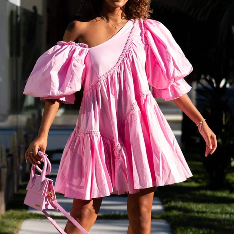 AJE Casabianca Braided Asymmetric Puff Sleeve Dress pink result 1